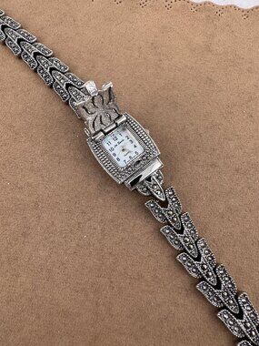 Vintage Lee Sands Flip Top Bracelet Marcasite Quartz Silver Tone Watch.